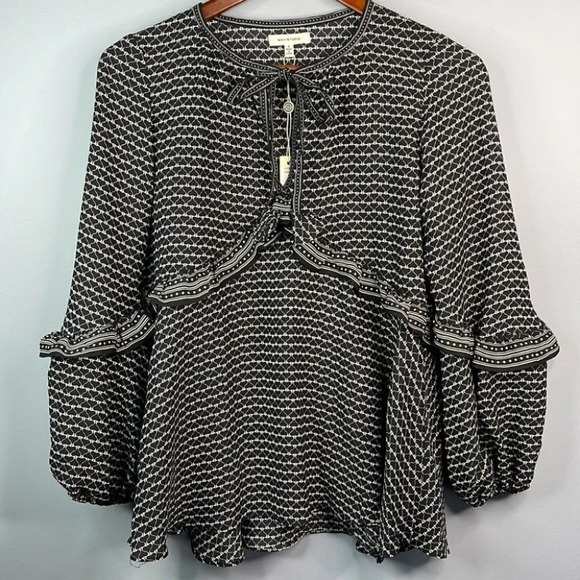 MAX STUDIO NWT Ruffled Tie Neck Balloon Sleeve Blouse Black White Pattern Size S - Picture 11 of 11